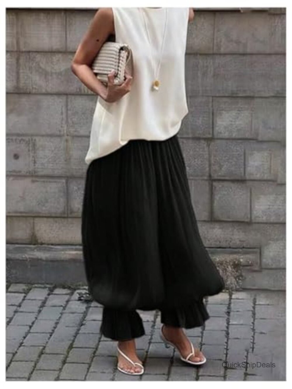 Wide Leg Baggy Balloon Pants Ruffle Hem Elastic Waist Flowy Trousers - Picture 2 of 5